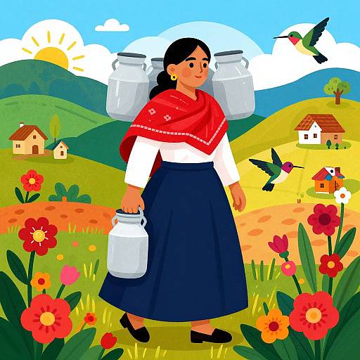 Illustration of a Latina woman with dark hair, red scarf, white blouse, and blue skirt, carrying milk jugs, standing in a colorful,
