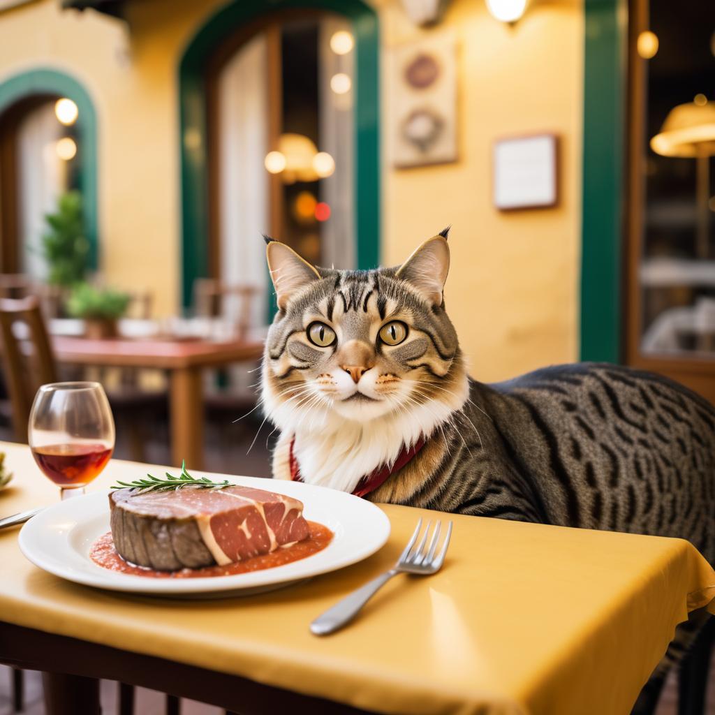 Whimsical Cat Dining at Italian Restaurant