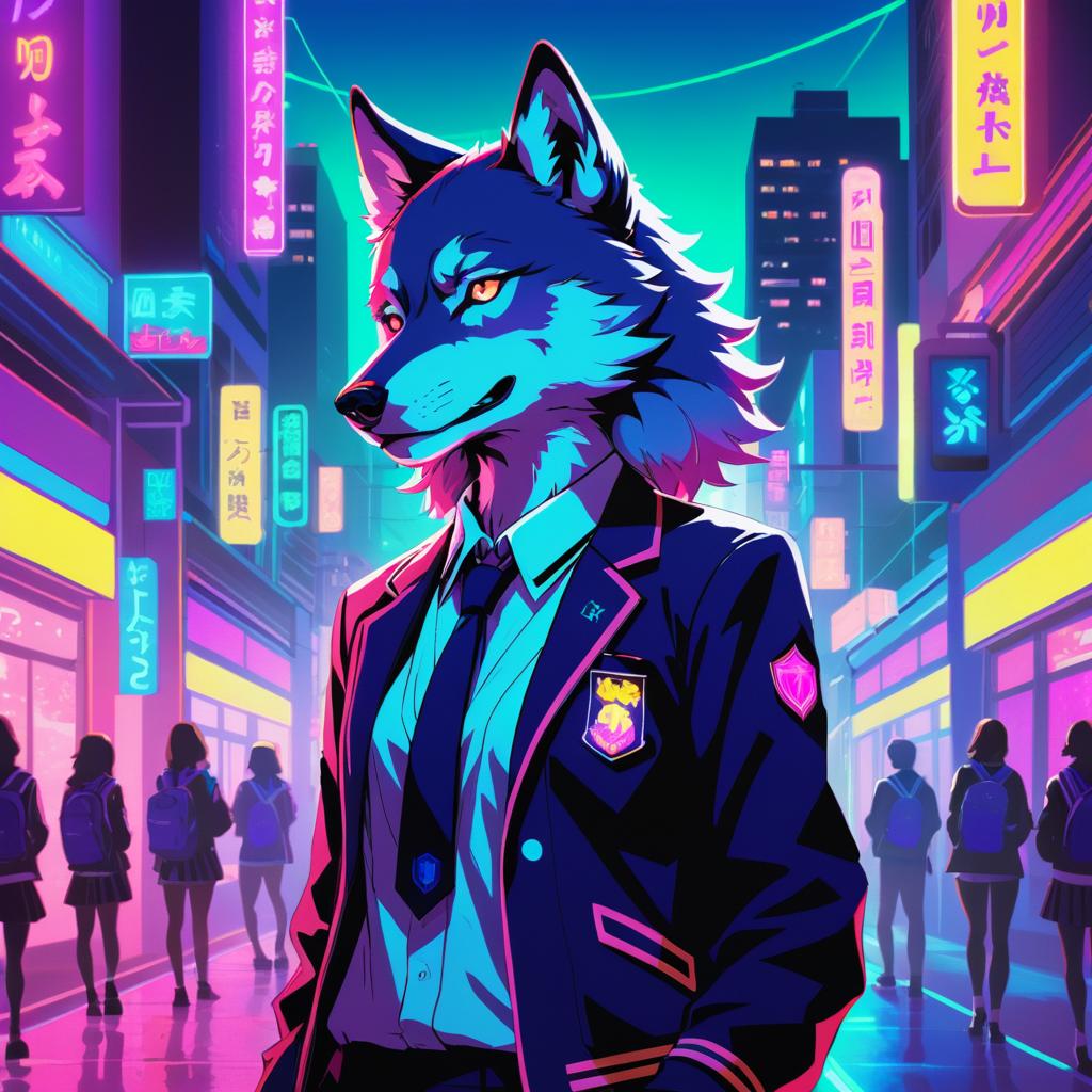 Vibrant Ecchi Wolf in Neon City