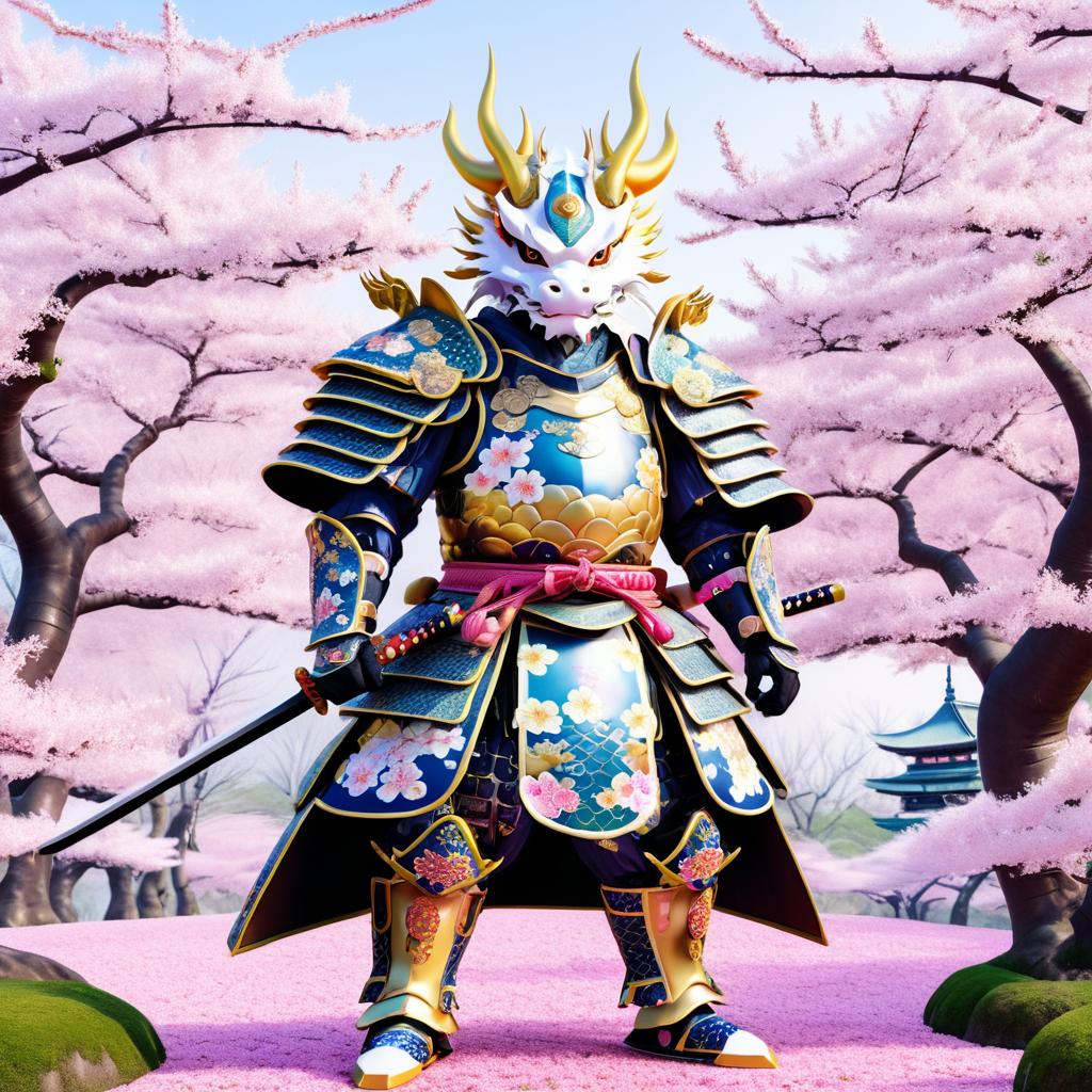 Dragon Samurai in Cherry Blossom Grove