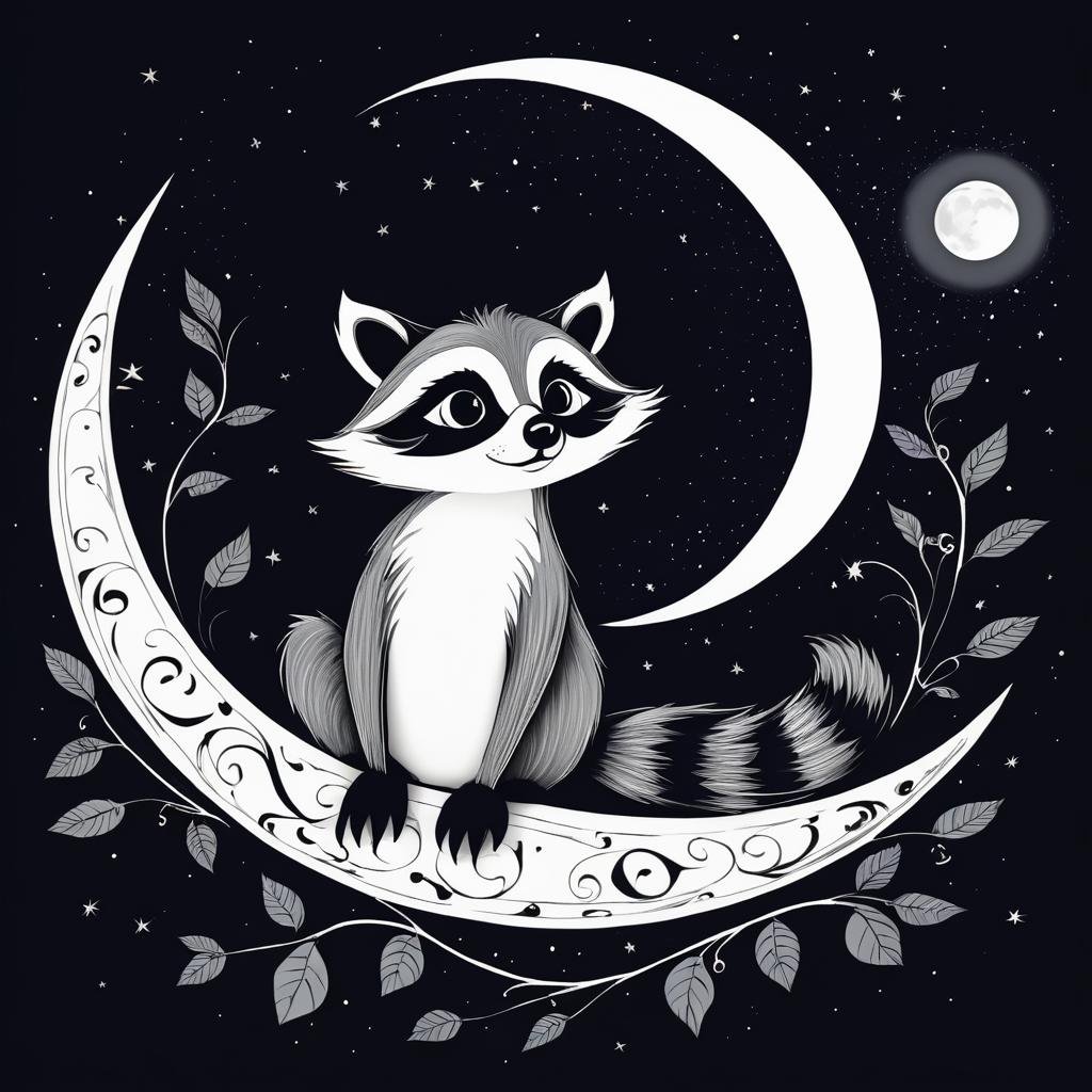 Whimsical Raccoon on Crescent Moon