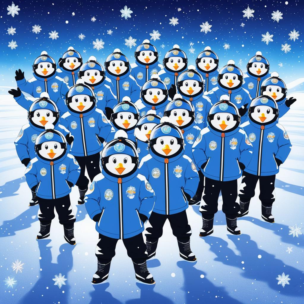 Cheerful Penguin Cadets in Winter Gear