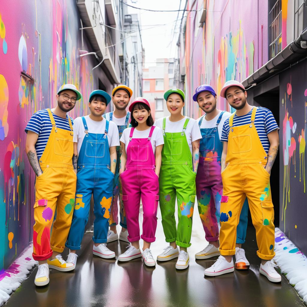 Vibrant Muralists in Quirky Overalls