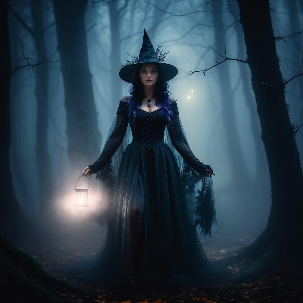 Mystical Witch in Enchanted Foggy Forest