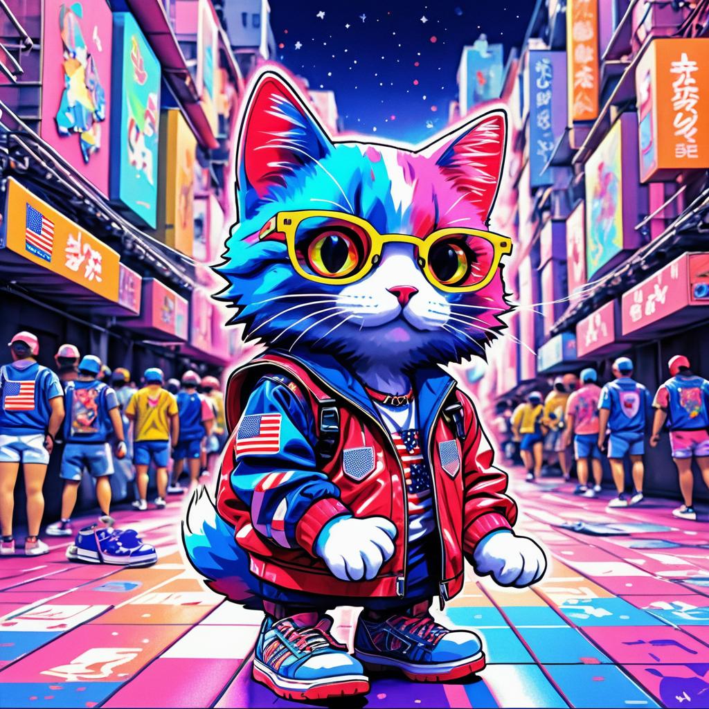 Vibrant Pop Art Cat in Cyberpunk Osaka