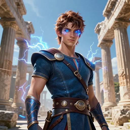 CGI image of a muscular, brown-haired man with glowing blue eyes, wearing a blue, armored tunic, surrounded by ancient ruins and lightning.