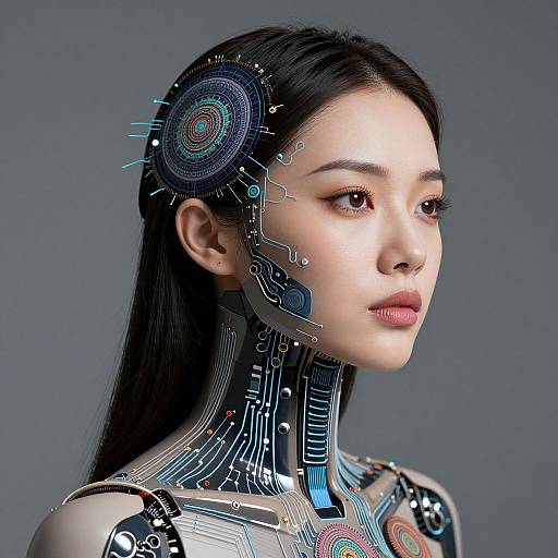 Photorealistic digital artwork of an Asian woman with long black hair, cybernetic patterns and circuits integrated into her face and neck, against a gray