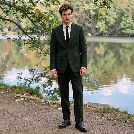 Photograph of a young man in a black suit, white shirt, and black tie, standing by a lake with autumn foliage.