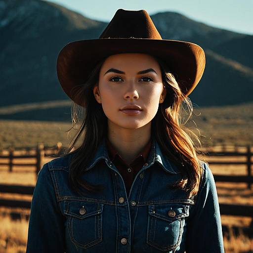 Photograph of a young woman with long brown hair, wearing a black cowboy hat and denim shirt, standing in a sunlit rural field with mountains in