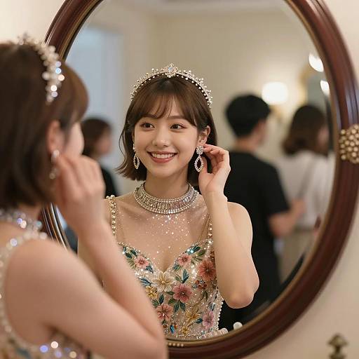 Elegant Girl Admiring Reflection in Mirror