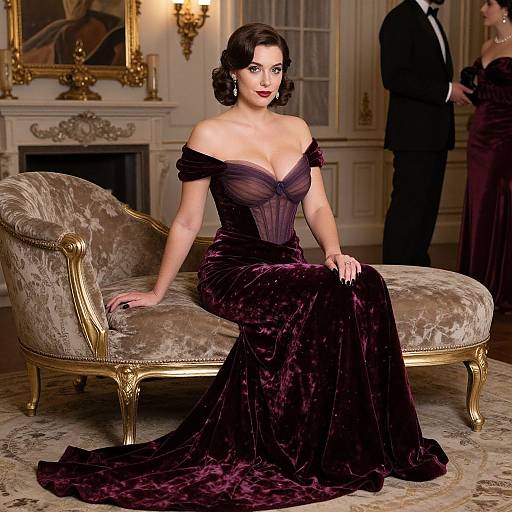 Photograph of a fair-skinned woman with dark, wavy hair in a deep purple, off-shoulder velvet gown, sitting on an orn