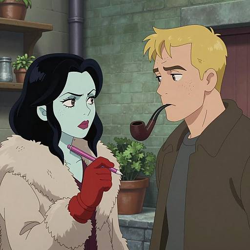 Cartoon Two People in Alley with Pipe and Pen