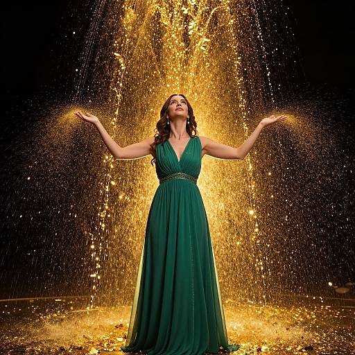 Photograph of a woman in a green, V-neck, floor-length dress, arms outstretched, standing in front of a golden, sparkling water