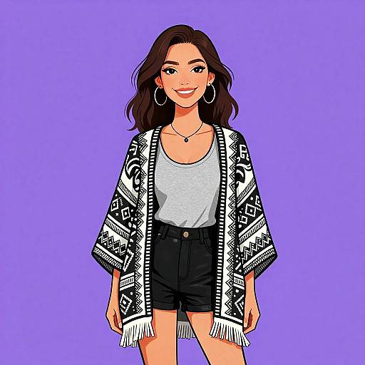 Digital illustration of a smiling woman with wavy brown hair, wearing a white tank top, black shorts, and a black and white patterned shawl