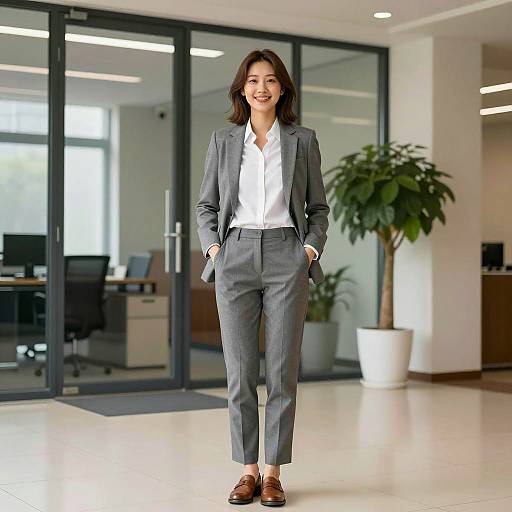 Young Asian Businesswoman in Gray Suit at Office Entrance