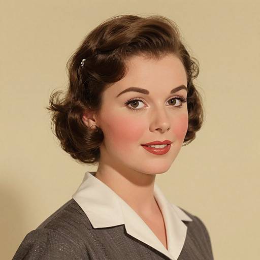 Vintage-style photograph of a fair-skinned woman with short, wavy brown hair, red lipstick, and a dark gray dress with a white collar,