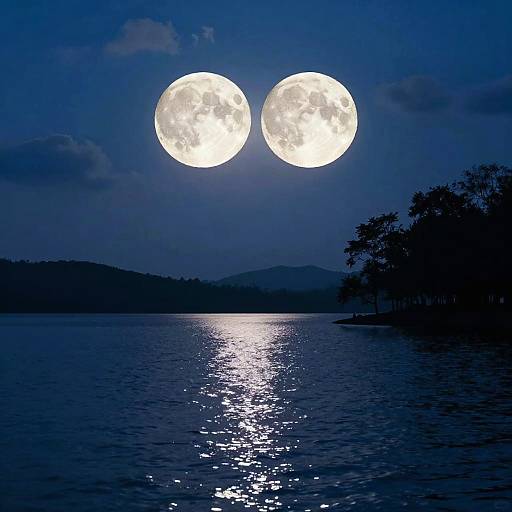 Surreal Night Lake with Two Full Moons