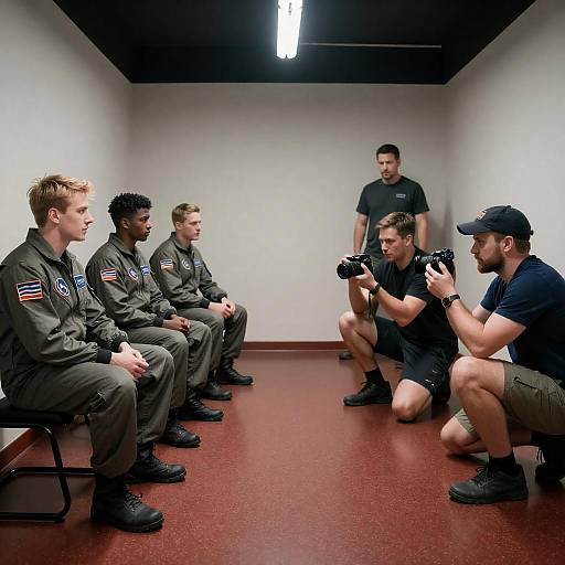 Men in Flight Suits and Photographers in Small Room
