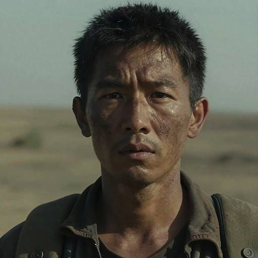 Photograph of a weary, middle-aged Asian man with short, spiky black hair, sun-scorched skin, and serious expression, wearing a