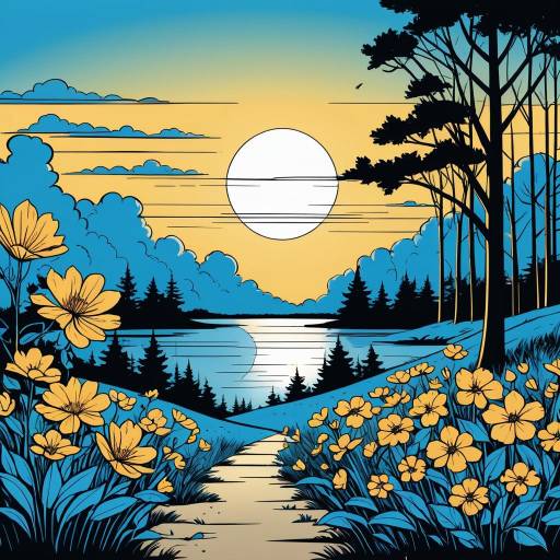 Sunset Over River and Flower Meadow