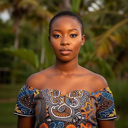 Photograph of a young Black woman with short hair, wearing an off-shoulder, vibrant, patterned dress, standing in a tropical garden.