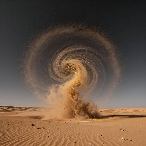Photograph of a massive sandstorm swirling in a desert, with a golden sunburst at its center, creating a dramatic vortex against a dark blue sky