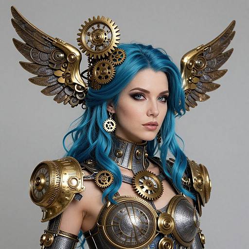 Photograph of a blue-haired woman with angel wings and steampunk armor, featuring gold gears and metallic plates, against a gray background.