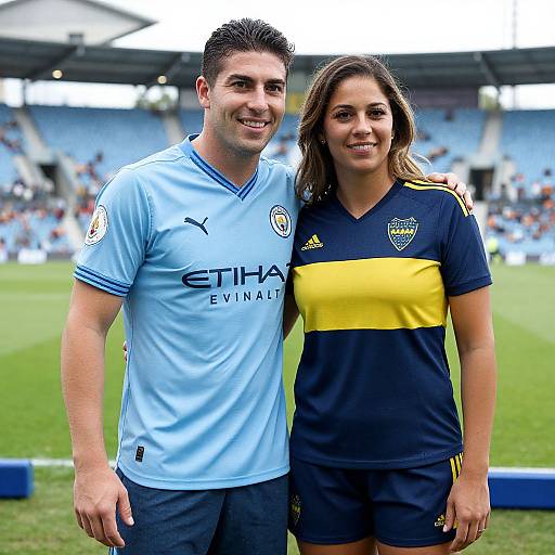 Photograph of a smiling man in a light blue Manchester City soccer jersey and a woman in a dark blue and yellow Pachuca soccer jersey standing on