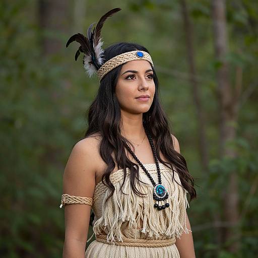 Photograph of a young woman with long black hair, wearing a Native American-inspired outfit with a fringe dress, headband with black and white feathers,