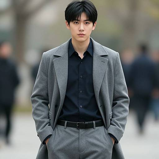 Photograph of an East Asian male model with short black hair, wearing a gray suit over a black shirt, hands in pockets, with a blurred urban