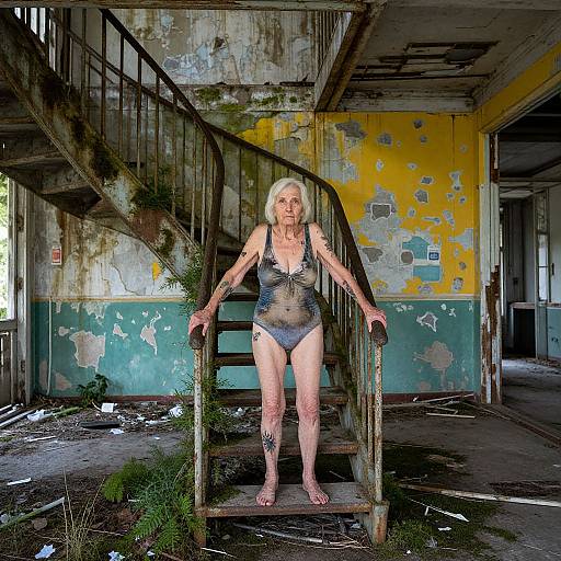Photograph of an elderly woman with short blonde hair, wearing a sheer black one-piece swimsuit, standing on a rusted staircase in a dilapid