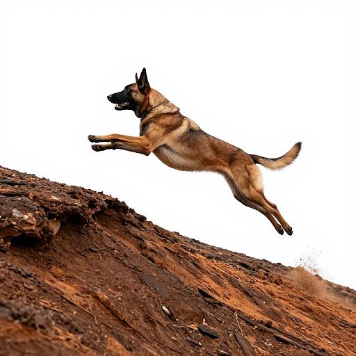 Dynamic Belgian Malinois Leaping Mountain