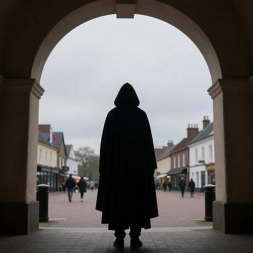 Mysterious Cloaked Figure in Town Square