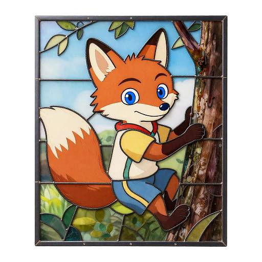 Curious Stained-Glass Fox Climbing Tree