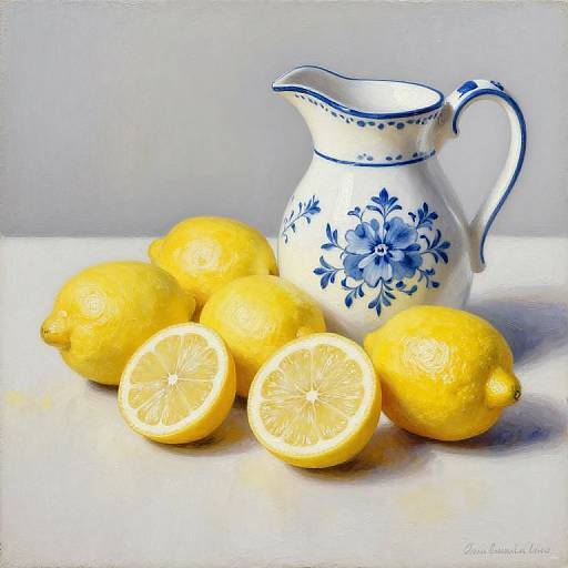 Photograph of a blue floral ceramic pitcher with a handle, beside six bright yellow lemons, two halved, on a white surface.