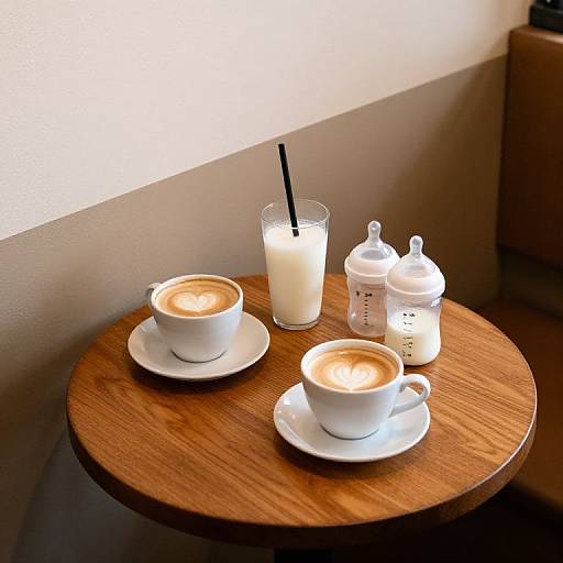 Photograph of a wooden table with three white cups of cappuccino, one glass of milk with a black straw, and two white sugar containers