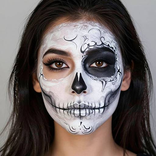 Photograph of a young woman with long dark hair, white and black face paint resembling a skull, brown eyes, and a neutral background.