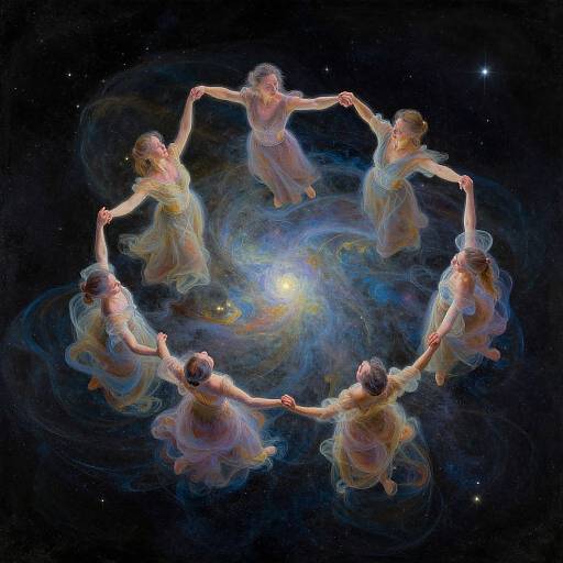 Digital art of six ethereal, translucent women in flowing dresses, holding hands in a circle, surrounding a glowing galaxy against a starry black space.