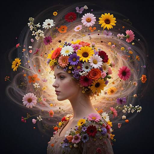 Digital artwork of a young woman with a vibrant flower crown, surrounded by swirling flowers, butterflies, and light, against a dark background.