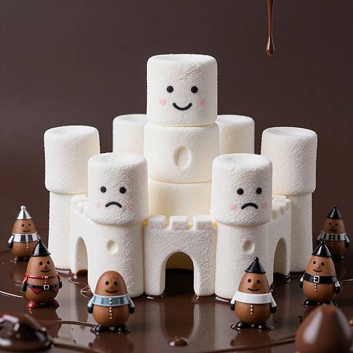 Photograph of a white marshmallow castle with smiling and blushing faces, surrounded by small wooden figurines on a dark brown surface. Chocolate drips