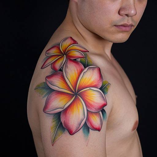 Photograph of a shirtless Asian man with a vibrant, colorful tropical flower tattoo on his right shoulder, against a black background.