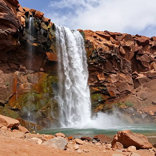 Photograph of a powerful waterfall cascading down a rugged, red-rock cliff into a misty pool, surrounded by scattered rocks and a bright blue sky