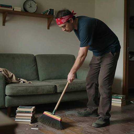 Man Cleaning in a Dimly Lit Room
