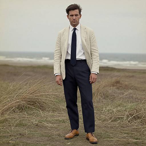 Photograph of a handsome man with dark hair, wearing a white blazer, white shirt, black tie, black pants, and brown boots, standing