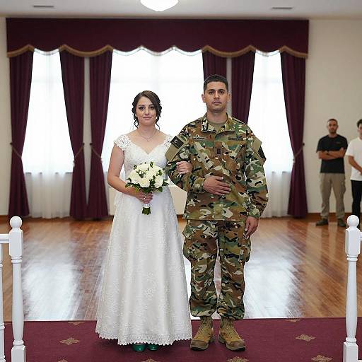 Bride and Soldier Groom Standing Indoors