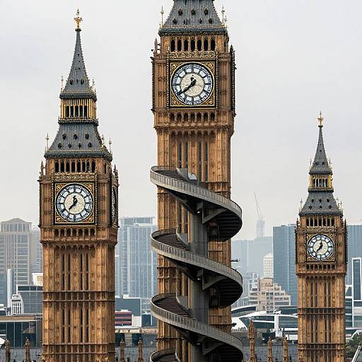 Photograph of London's Big Ben clock towers with a digital, spiral staircase superimposed on the central tower, set against a city skyline.