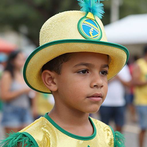 Photograph of a young boy with medium brown skin wearing a yellow and green Carnival hat with blue feathers, and matching costume, standing outdoors with a blurred