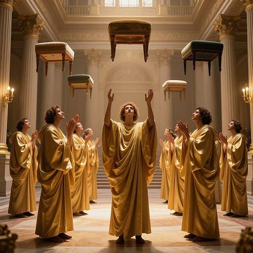 Photograph of a dramatic scene: Nine men in golden togas, standing in a grand, columned hall, raising hands, with three ornate