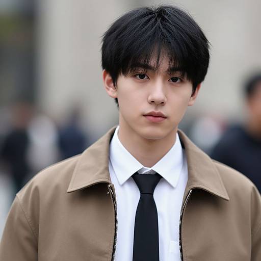 Photograph of an East Asian young man with black hair, wearing a brown jacket, white shirt, and black tie, standing in a blurred urban background