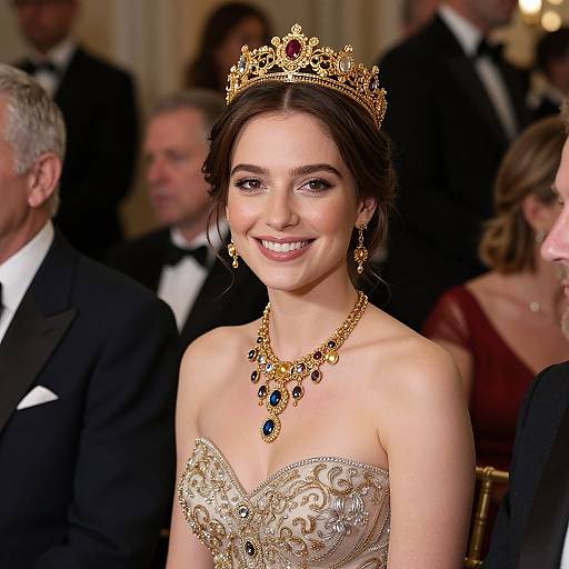 Photograph of a smiling woman with dark brown hair, wearing a gold crown, intricate strapless gown, and matching jewelry, surrounded by elegantly dressed